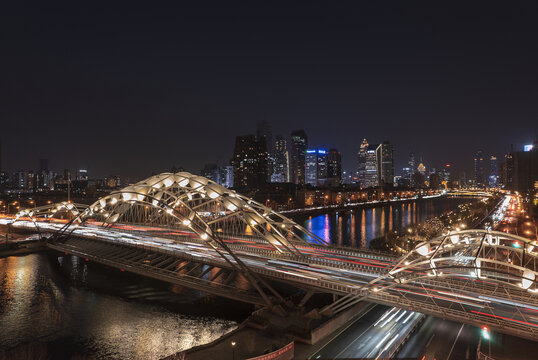 天津海河直沽桥城市夜景航拍