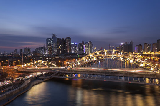 天津海河直沽桥城市夜景航拍