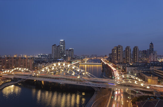 天津海河直沽桥城市夜景航拍