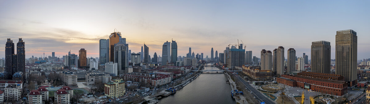 天津海河城市建筑日落晚霞全景