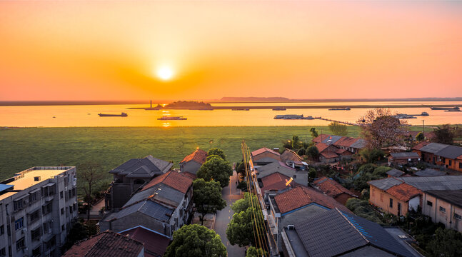 洞庭湖日落夕阳晚霞自然风光