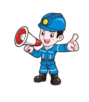 卡通年輕男性煤礦工人拿小喇叭