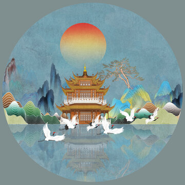 新中式閣樓山水插畫
