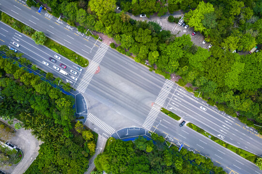 城市道路绿化交通航拍顶视图