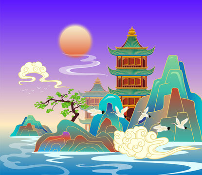 國潮山水樓閣插畫