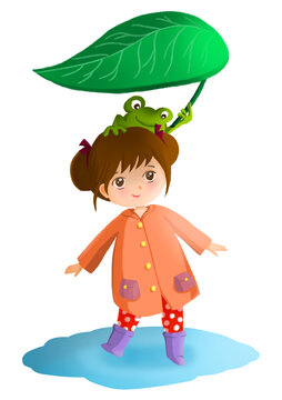 下雨天青蛙为小女孩撑伞撑叶子
