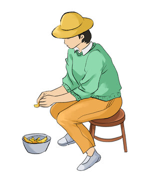 手繪工人坐著剝水果皮插畫