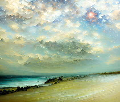 油画山脉图形星型沙滩云朵