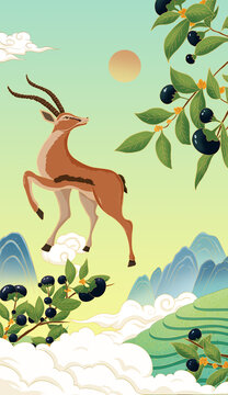 國風(fēng)羚羊黑枸杞手繪插畫