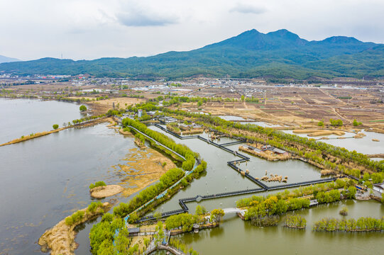 航拍云南丽江拉市海湿地公园