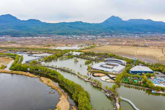 航拍云南丽江拉市海湿地公园