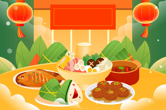 端午節(jié)合家團(tuán)聚吃粽子聚餐插畫(huà)