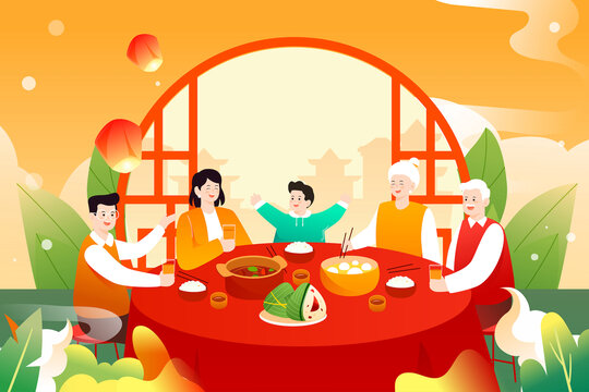 端午节合家团聚吃粽子聚餐插画