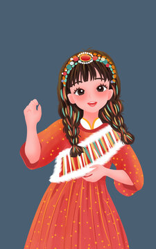 藏族美麗女孩插畫