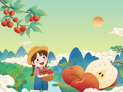中國風山水洛川蘋果手繪插畫