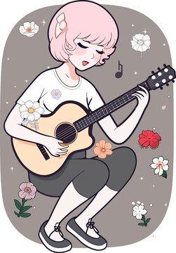 卡通装饰插画弹吉他的女孩E