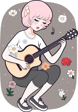 卡通裝飾插畫彈吉他的女孩E
