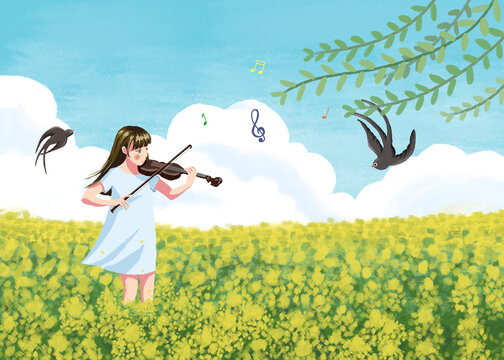 油菜花拉小提琴的女孩清新插畫(huà)