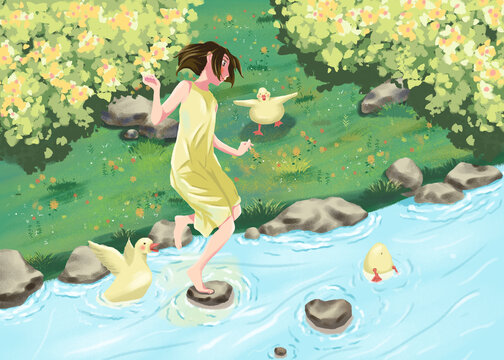 春天跳跃小溪的女孩清新插画海