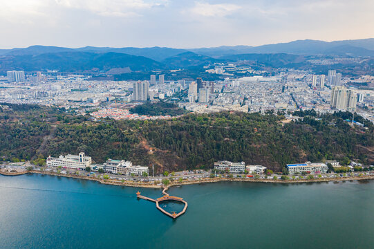 航拍云南大理洱海公园地标建筑