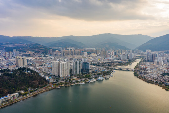 航拍云南大理洱海支流洱河水系