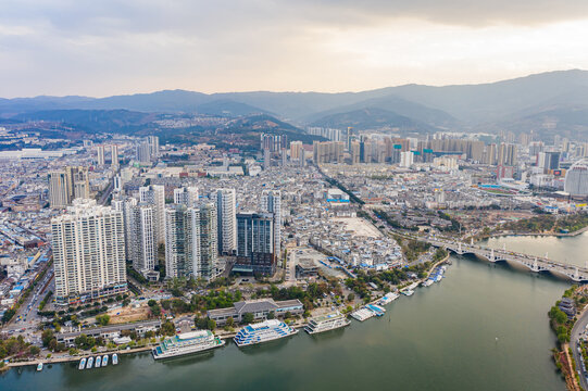 航拍云南大理洱海支流洱河水系