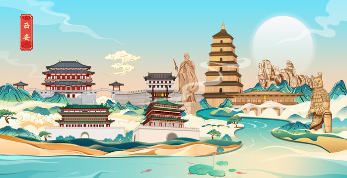 西安國(guó)潮城市旅游地標(biāo)手繪插畫