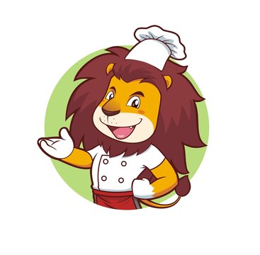 可愛小獅子廚師做邀請動作半身