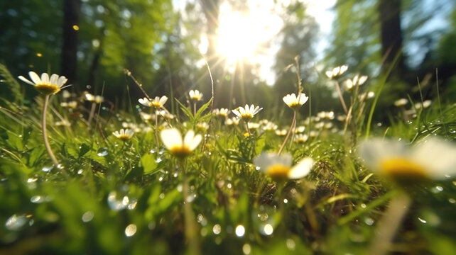 清晨树林阳光露水露珠草地小花