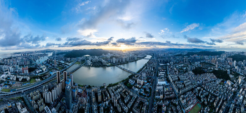 珠海澳门前山河城市日落航拍