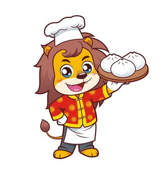 卡通可愛小獅子廚師端包子