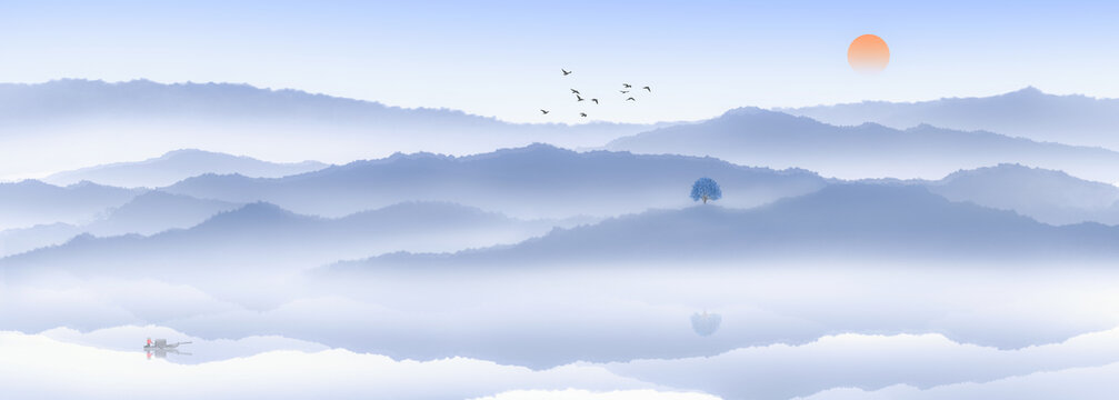 中國(guó)風(fēng)藍(lán)色意境水墨山水畫