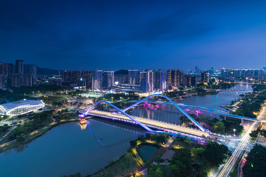 南沙蕉门公园两岸地标建筑夜景