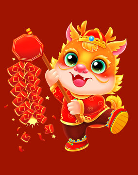 傳統(tǒng)龍年年畫放鞭炮的龍