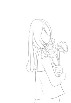 長發(fā)唯美女生抱花吊帶無五官