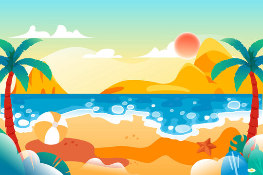 儿童节暑假放假海边旅游插画