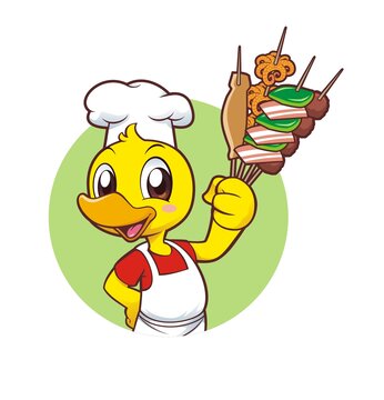 卡通可爱小鸭子厨师撸烤串半身