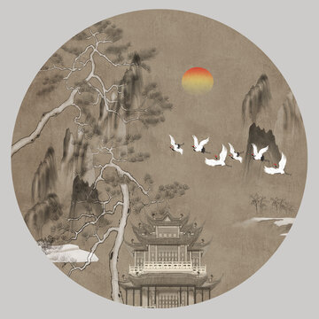 仿古迎客松山水画