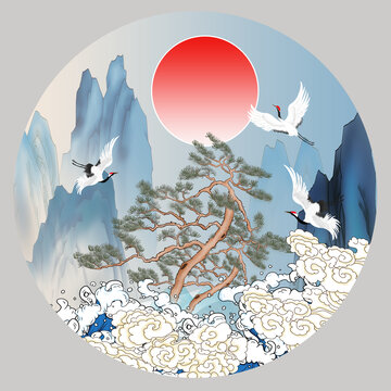 仿古迎客松山水裝飾圖