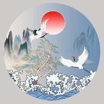 圓形浪花山水插畫