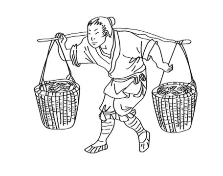 線描手繪白描工筆挑夫古代人物