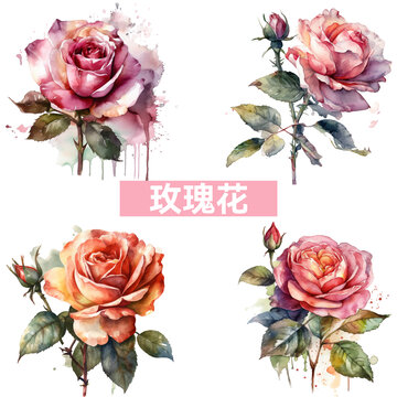 水彩紅玫瑰花背景分離素材