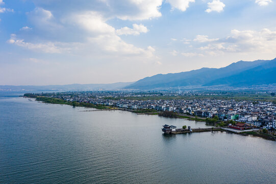 航拍云南大理洱海才村湿地公园