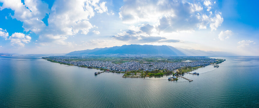 航拍云南大理洱海才村湿地公园