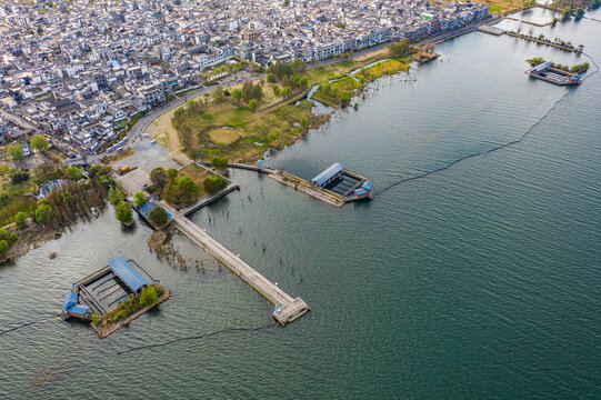 航拍云南大理洱海才村湿地公园