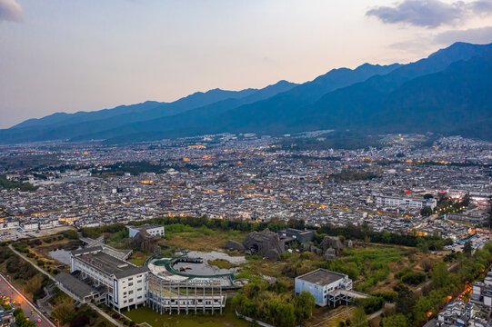 航拍云南大理古城黄昏亮灯夜景