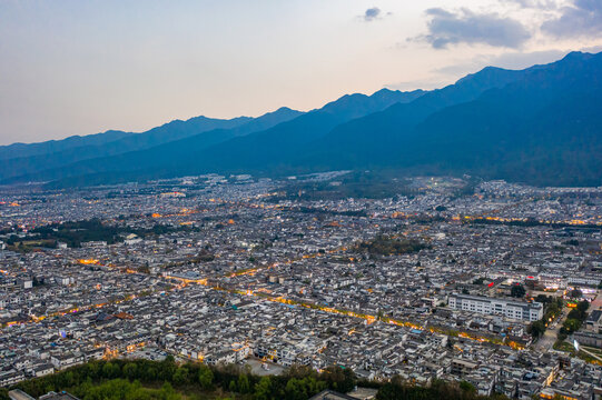 航拍云南大理古城黄昏亮灯夜景