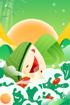 端午節(jié)劃龍舟吃粽子旅游插畫