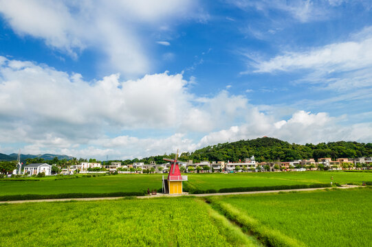 珠海斗门稻田风车田园风光航拍