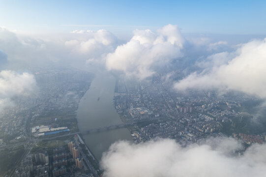 珠海井岸城市日出云海航拍